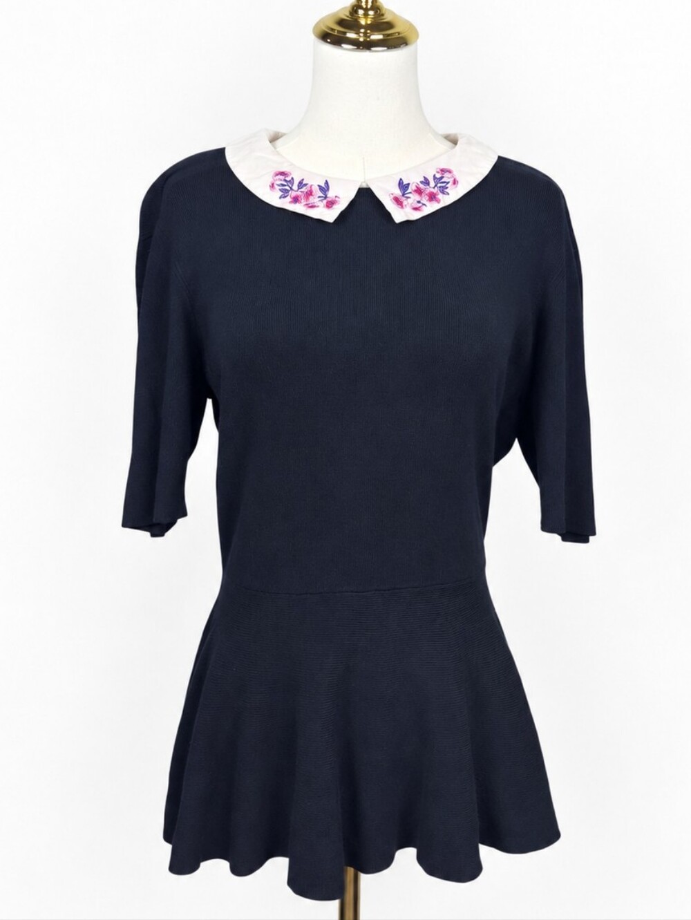 Coquette Twee Dark Academia Floral Embroidered Peter Pan Collar Peplum Top XL